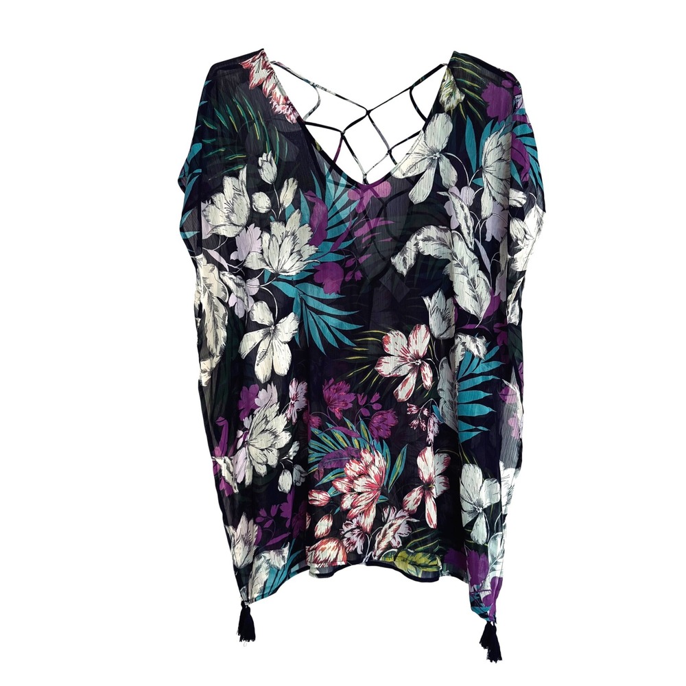 Kona Sol Womens Tropical Floral Tassel Swim Cover Up Kaftan Blue Purple Medium